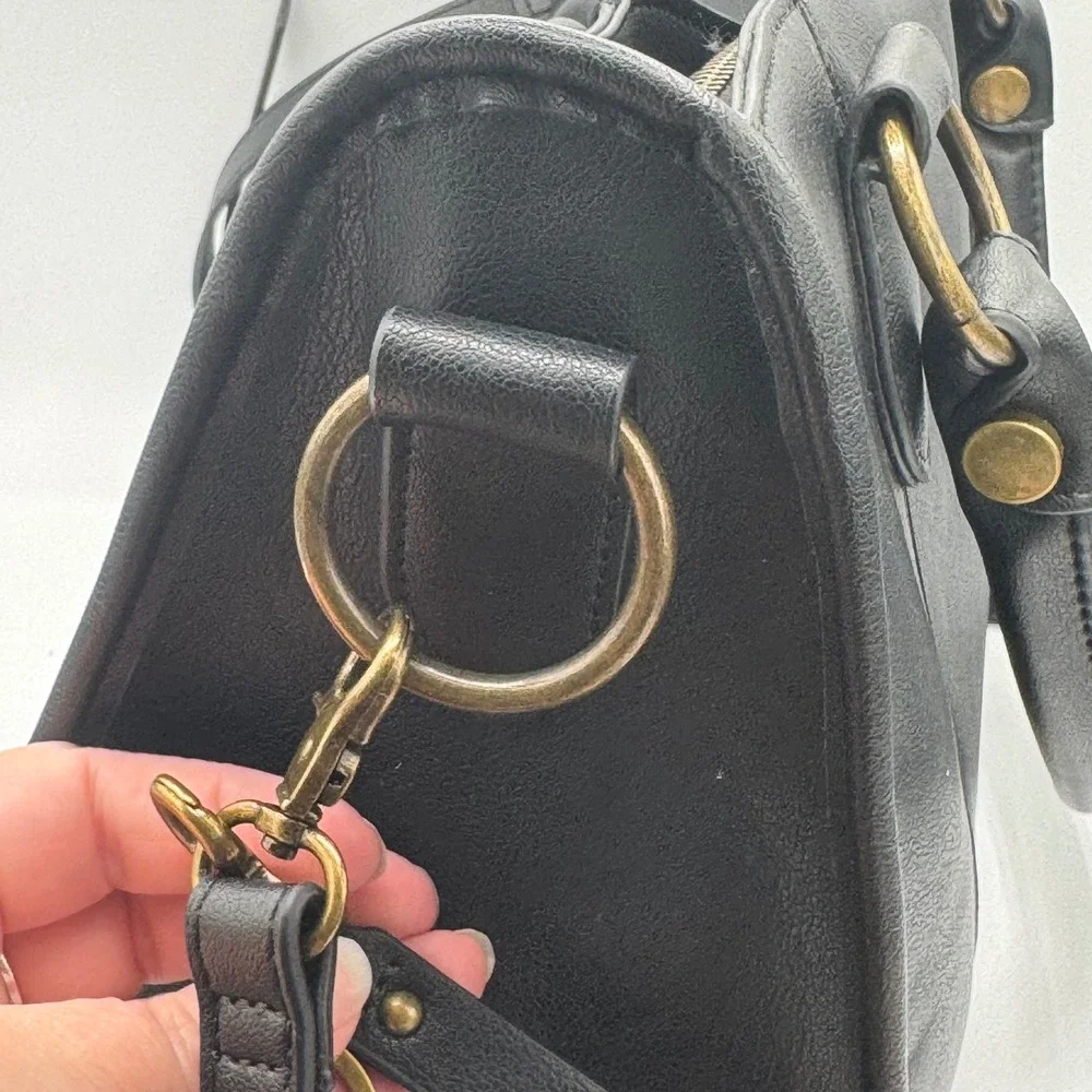 Frye and Co Black Faux Leather Satchel Crossbody Bag Brass Hardware Large
